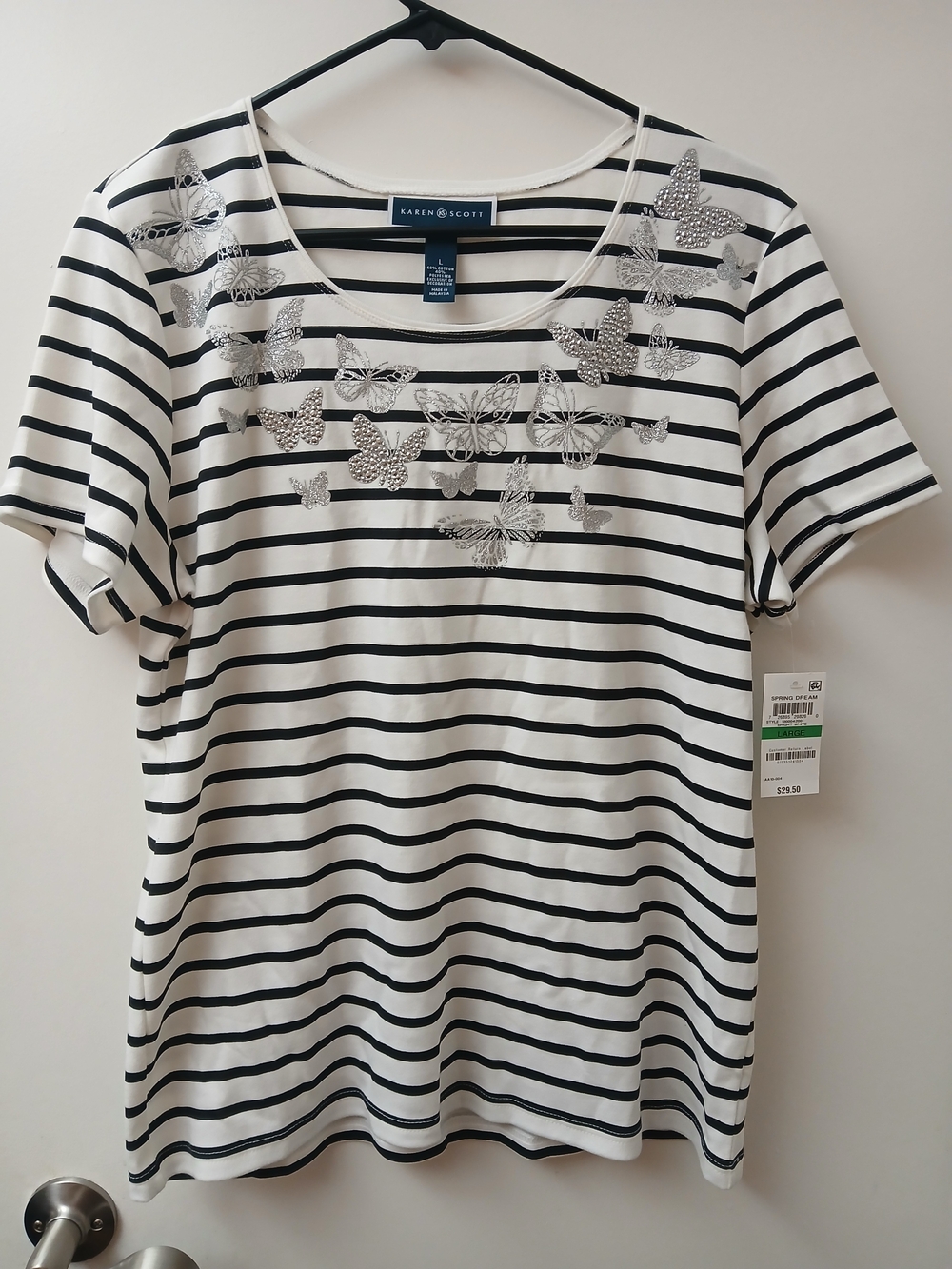 Karen Scott Black & White Striped Tee with Silver Butterfly Accents